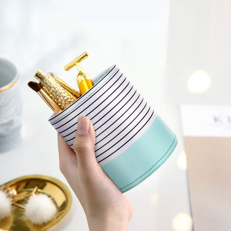WAVEYU Pen Holder, Pencil Cup Pot Desk Organizer Multi Purpose Use Cute for Adults Kids Luxury Leather Makeup Brush Holder for Home, Office, Classroom, Stripes Mint Green - Image 4